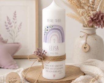 Christening candle “ELISA” with rainbow and dried flowers in warm purple-pink tones / modern / playful / simple / girl