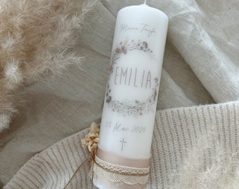 Baptism candle "Lucia rose" with dried flowers in delicate pink-green-brown tones | Flowerloop / modern | Boho / flower | girl