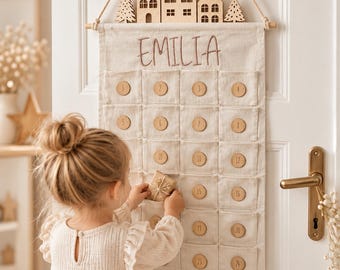 Personalized "Wonderful" fabric advent calendar for filling, embroidered with name, houses and Christmas trees