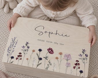 Personalized memory box "Flowers" with beautiful colorful pastel flowers, birth details, birth gift, christening gift