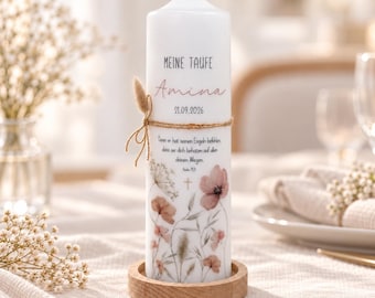 Christening candle “Autumn Flower” with delicate wildflower watercolor in pastel pink, beige, rust-colored for a girl