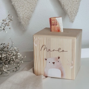 Money box &quot;little bear&quot; personalized for children made of wood, sweet gift for birth, baptism or birthday
