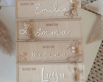 Various personalized storage boxes for the christening candle, pearls and dried flowers, the perfect christening gift.