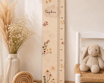 Personalisierbare Kindermesslatte "Wildblumen" in natürlichen Farben, Kinderzimmerdeko, Babygeschenk, Geschenk Taufe, Name,  Geburtsdatum