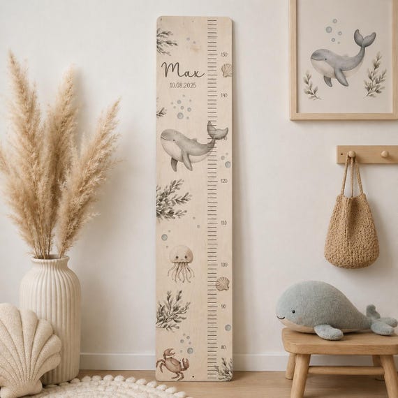 Personalisierbare Kindermesslatte "Unterwasserwelt" aus Holz oder in weiß beschichtet in neutralen Farben als Babygeschenk, Taufe