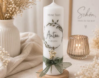 Christening candle “Eucalyptus” in green-grey tones, neutral candle for christening for girls and boys with dried flowers and green ribbon