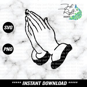 May include: Black and white line art illustration of two hands clasped in prayer. The image is set against a white marble background. The text "Just Right Accents" is visible in the upper right corner of the image.