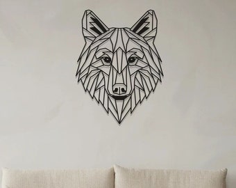 Decoración de cabeza de lobo de metal, decoración de pared de metal con lobo, tapices de pared de metal, decoración de sala de estar para el hogar, arte de pared de metal geométrico con cabeza de lobo