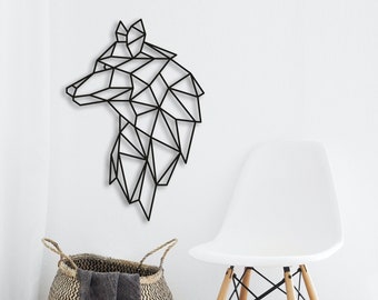 Metal geométrico de cabeza de lobo, decoración de pared de metal de lobo, regalo de amante del lobo, decoración de la sala de estar del hogar, decoración de cabeza de lobo de metal