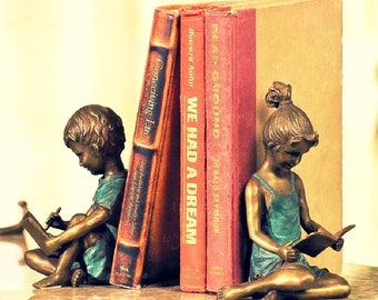 Metal Book Ends, Bookends for Shelves Heavy Books Support, Book Shelf Holder Home Decorative, Book Stoppers Brass Girl boy Bookend pair