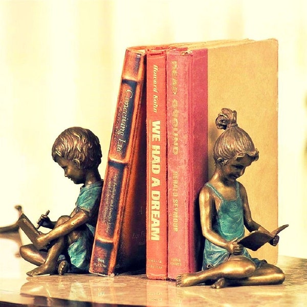 Metal Book Ends, Bookends for Shelves Heavy Books Support, Book Shelf Holder Home Decorative, Book Stoppers Brass Girl boy Bookend pair