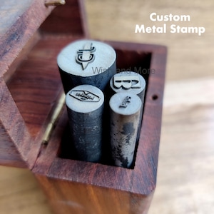Set of custom metal stamps in wooden box - round and square steel punch stamps with custom logo designs - personalized branding stamps for jewelry leather metalwork - custom touchmark stamp set