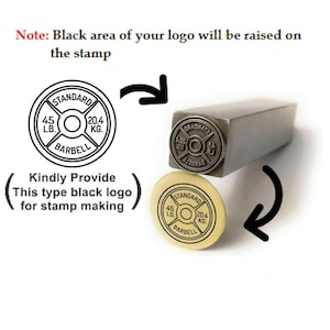 Custom logo metal stamp making process - black and white logo design converted to raised steel punch stamp - barbell weight plate design example - personalized branding stamp for jewelry leather metal