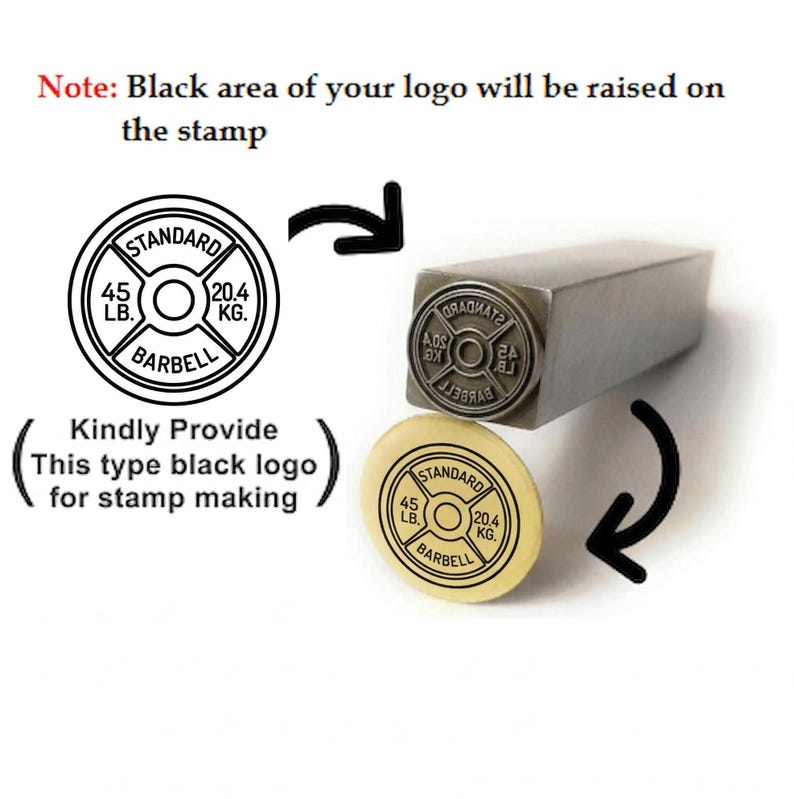 Custom logo metal stamp making process - black and white logo design converted to raised steel punch stamp - barbell weight plate design example - personalized branding stamp for jewelry leather metal