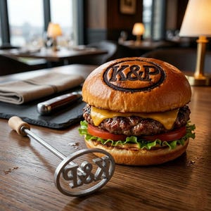 May include: A gourmet burger with melted cheese, tomato, and lettuce on a toasted bun, branded with "K&P". A metal branding iron with the same logo rests on a wooden table, alongside a steak knife and a folded napkin.