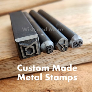 Four custom made metal punch stamps with different logo designs - square and round steel branding stamps - personalized jewelry maker touchmark stamps for steel silver brass copper bronze