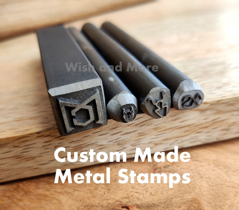 Four custom made metal punch stamps with different logo designs - square and round steel branding stamps - personalized jewelry maker touchmark stamps for steel silver brass copper bronze