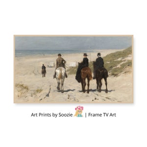 May include: A painting of four people on horseback riding along a sandy beach. The people are wearing long coats and hats. The horses are brown and white. The beach is empty except for the riders and a few small buildings in the distance.