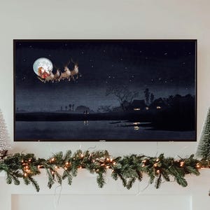 Samsung Frame TV Art – Santa Sleigh Over Tranquil Village | Christmas TV Art | Festive Santa and Reindeer Digital Download
