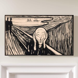 May include: A framed print of Edvard Munch's "The Scream" depicts a figure with hands on its face, screaming. The artwork is in black and white, with a bridge and figures in the background. The frame is black.