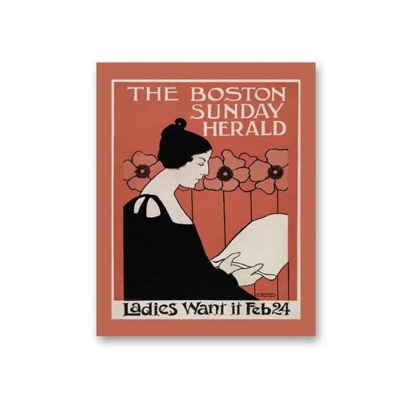 Vintage poster print, The Boston Sunday Herald (1895–1901) of a woman reading a newspaper in art nouveau, digital print, Gallery Wall Print