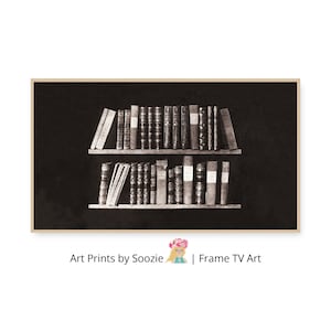 Vintage Bookshelf Samsung Frame TV Art – Dark Academia Black & White Digital Print | Moody Library Decor | 4K Minimalist Download
