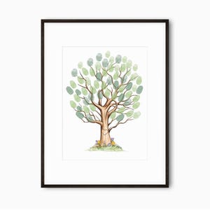 May include: Framed watercolour print of a tree with green and blue-green leaves, designed for fingerprinting. The tree trunk is brown with a heart carved into it. The artwork is framed in a black frame.