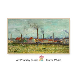 以下が含まれることがあります： 煙突が高くそびえ立つ工場と、曇り空を描いた絵画。工場は緑の草地で囲まれている。絵画はフィンセント・ファン・ゴッホを彷彿とさせるスタイルで描かれている。