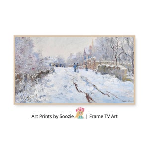 Claude Monet Snow Scene Frame TV Art, Winter Impressionist Digital Download, Peaceful Village Samsung Display, Soft Pastel Wall Art