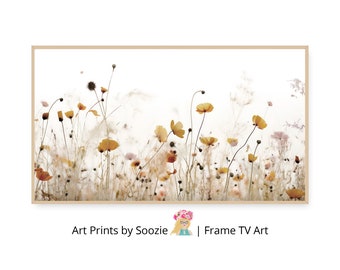 Art cadre TV Samsung, champ de fleurs sauvages printanières, art fleurs champêtres, art fleurs sauvages aux tons chauds, art mural cadre TV à téléchargement numérique | 552