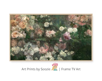 May include: A framed art print featuring a floral painting with roses in shades of pink, white, and peach. The artwork has a vintage aesthetic and is set against a dark green background. The text "Art Prints by Soozie | Frame TV Art" is at the bottom.