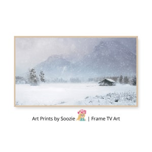 Snowy Cabin Landscape Samsung Frame TV Art – Peaceful Winter Mountains Digital Download | 4K Cozy Snow Scene | Minimal Holiday Decor
