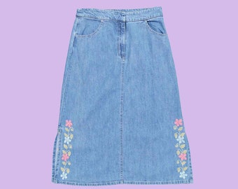 Vintage Jeansrock: Bestickte Blumen Baumwolle High-Rise