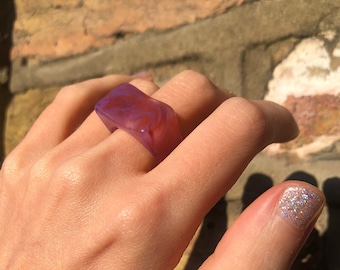Chunky Acrylic Statement Ring: Pink Purple Marble Resin