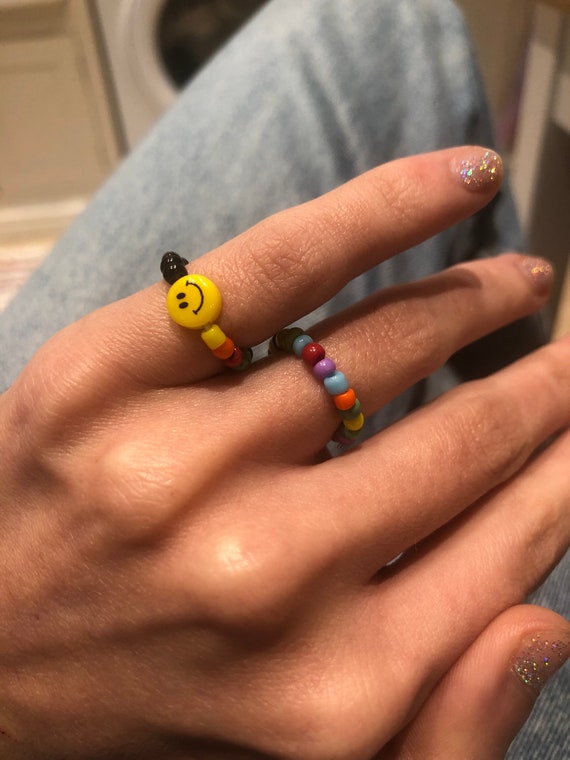 Smiley Face Beaded Ring: 90s Style Multicolour Pinky Ring
