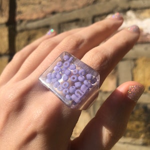 Handmade Chunky Resin Ring: Transparent with Purple Beads
