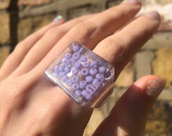 Handmade Chunky Resin Ring: Transparent with Purple Beads