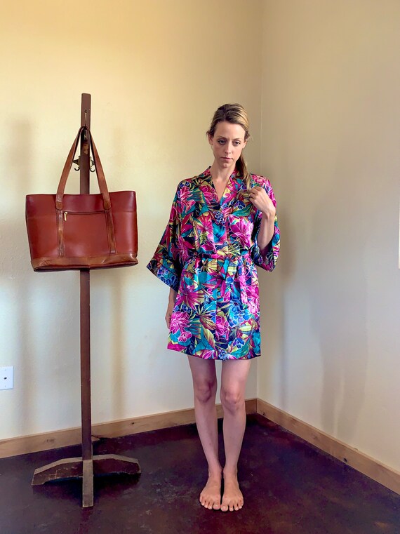 Vintage 80’s Satin Mini Robe, Vibrant Color Robe,
