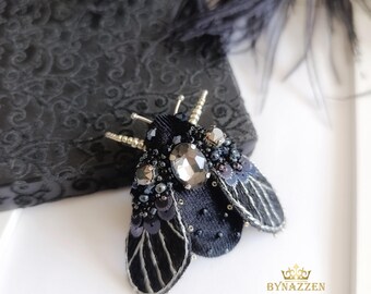 Broche Black Moth: gotische cicadespeld, zwarte sieraden, borduurmot