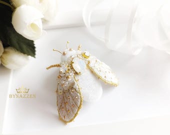 Ivory Gold Moth Brooch: Crystal Cicada Pin, Custom Insect Jewelry, Cream Colore Jewelry
