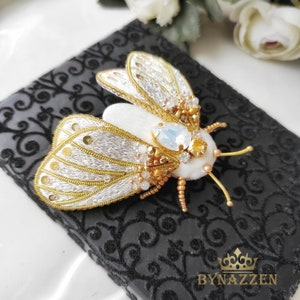 Embroidered Gold Moth Brooch, Crystal Cicada jewelry pin, Delicate Butterfly Gift, Design Insect decor