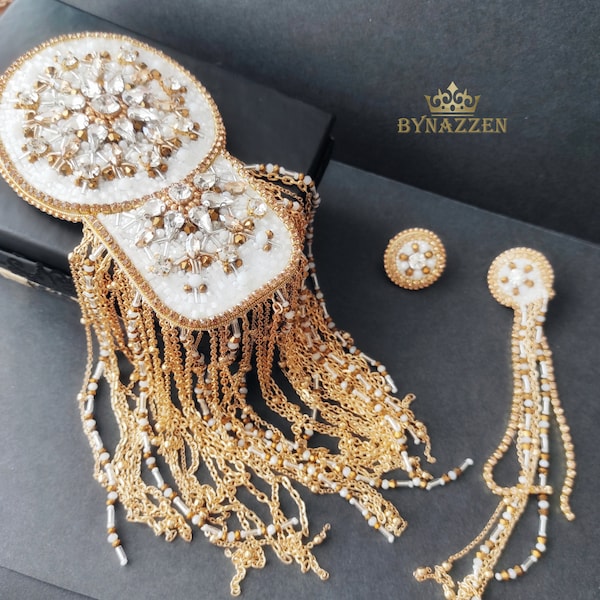 Exclusive One Shoulder Epaulette Chain Brooch, Fringe Epaulette, Luxury Bead Epaulette, Grunge Jewelry