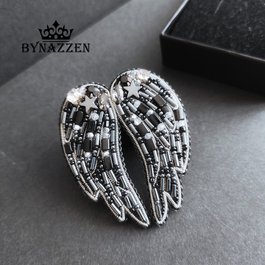 Beaded Angel Wings Brooch Black Silver Wings Pin Minimalist Etsy