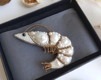 Oversize Pearl Shrimp brooch, Statement Sea Animal Pin, Ocean Animal Lapel, Pearl Jewelry, Embroidery Art Gift