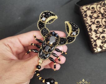 Realistic Black Scorpion Brooch: Beaded Scorpio Gift, Astrology Sign, Gothic Pin, Halloween Jewelry, Zodiac Women Gift, Mystical Jewelry