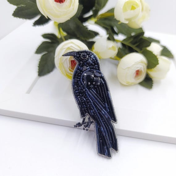 Black Raven Jewelry: Crow Broach Jewelry, Gothic  Bird Lapel Pin, Crow Art Decor Gift, Crow Art Glass Decor
