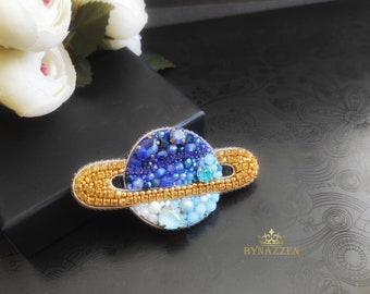 Midnight blue Planet jewelry, Indigo space brooch, Dark blue space pin, Galaxy jewelry, Planet brooch