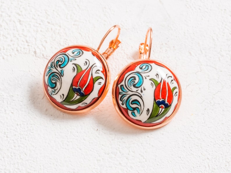 Oriental Tile Design Tulip Flower Earrings Glazed Ceramic Handmade Pottery Earrings Designer Hand Painted Statement Jewelry