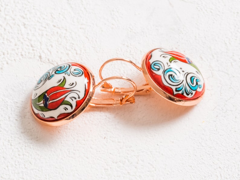 Oriental Tile Design Tulip Flower Earrings Glazed Ceramic Handmade Pottery Earrings Designer Hand Painted Statement Jewelry