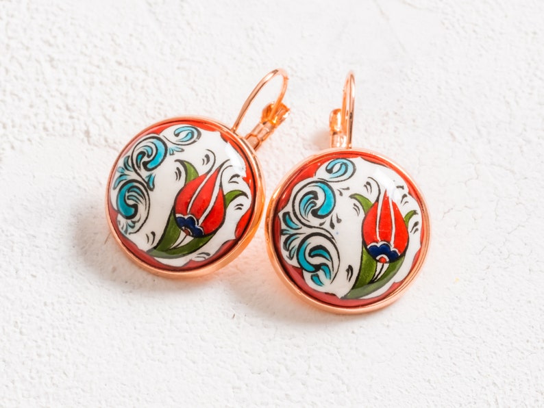 Oriental Tile Design Tulip Flower Earrings Glazed Ceramic Handmade Pottery Earrings Designer Hand Painted Statement Jewelry